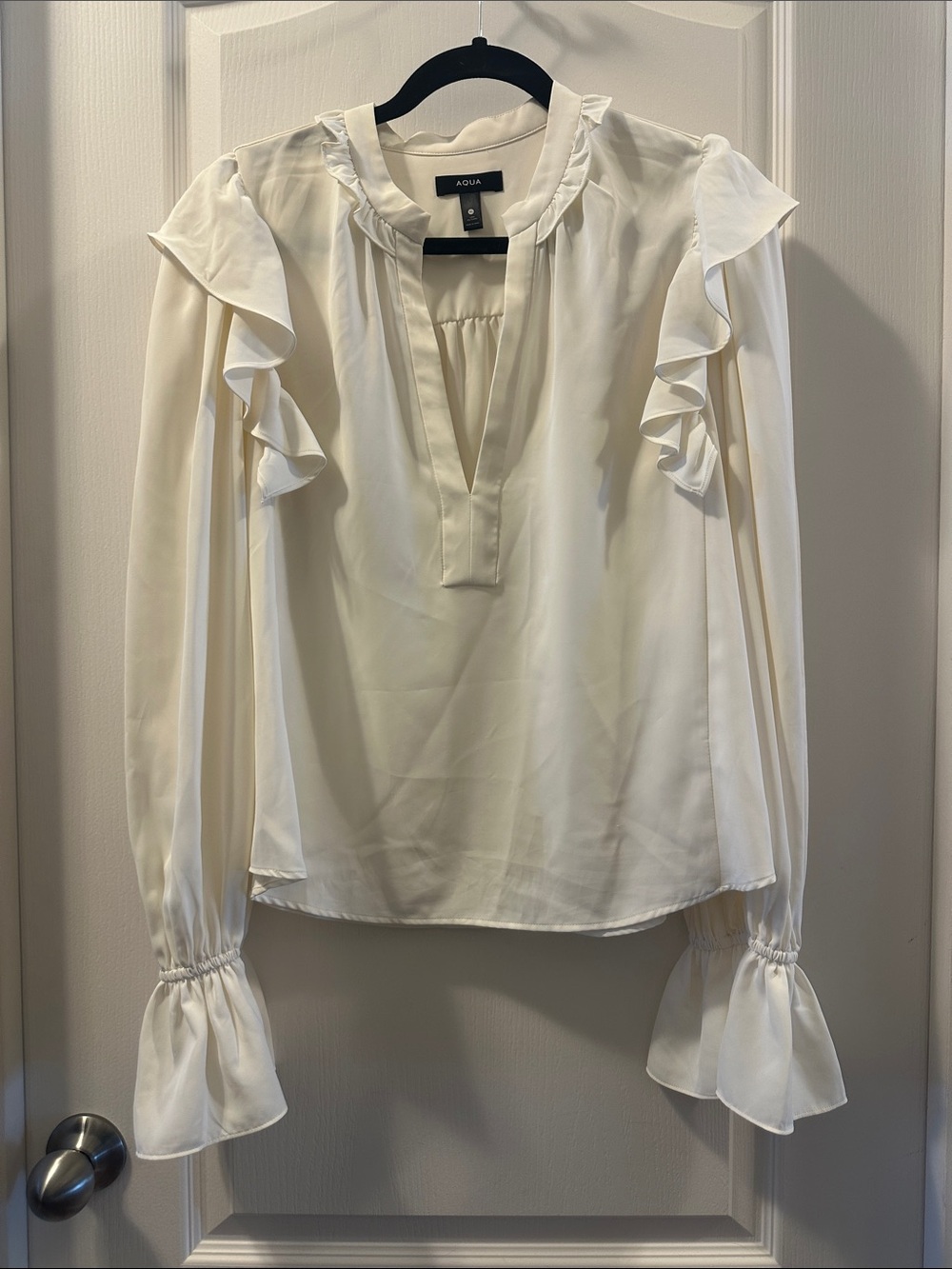 Aqua Cream Ruffle-Trim V-Neck Blouse